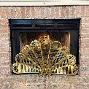 Vtg Brass Peacock Fireplace Screen Cover GRIFFIN Folding Fan Art Deco GARGOYLE